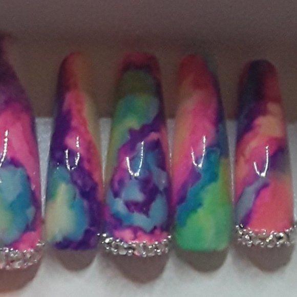 Handmade Hard Gel XXL Coffin Tie Dye Press On Nails - Picture 4 of 6
